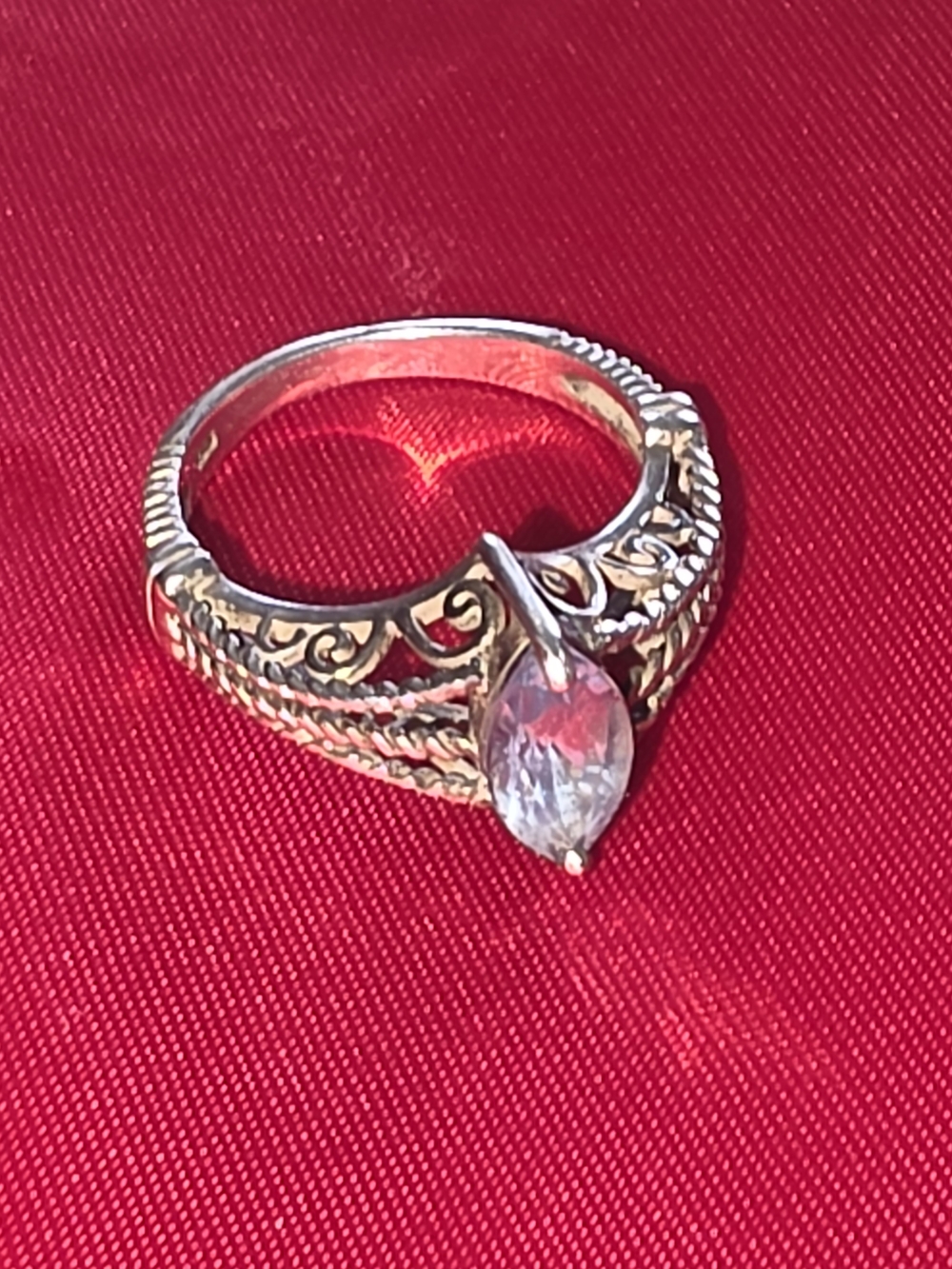 Ornate Silver Filigree Ring with Marquise Clear Stone